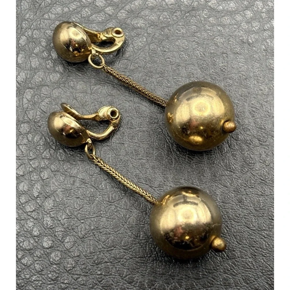 Vintage Monet Ball Dangle Drop Bead Earrings Clip-On Gold Tone